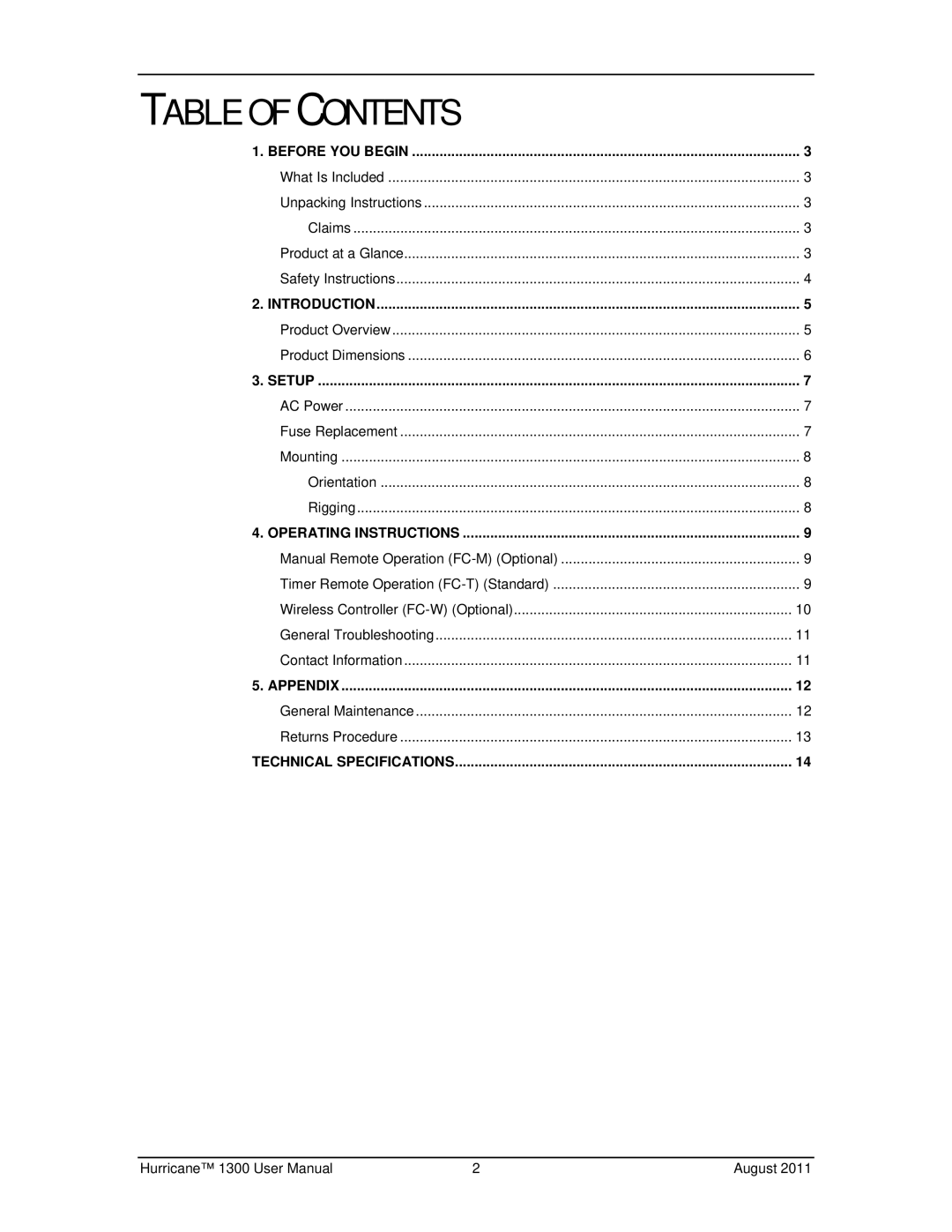 Chauvet 1300 user manual Table of Contents 