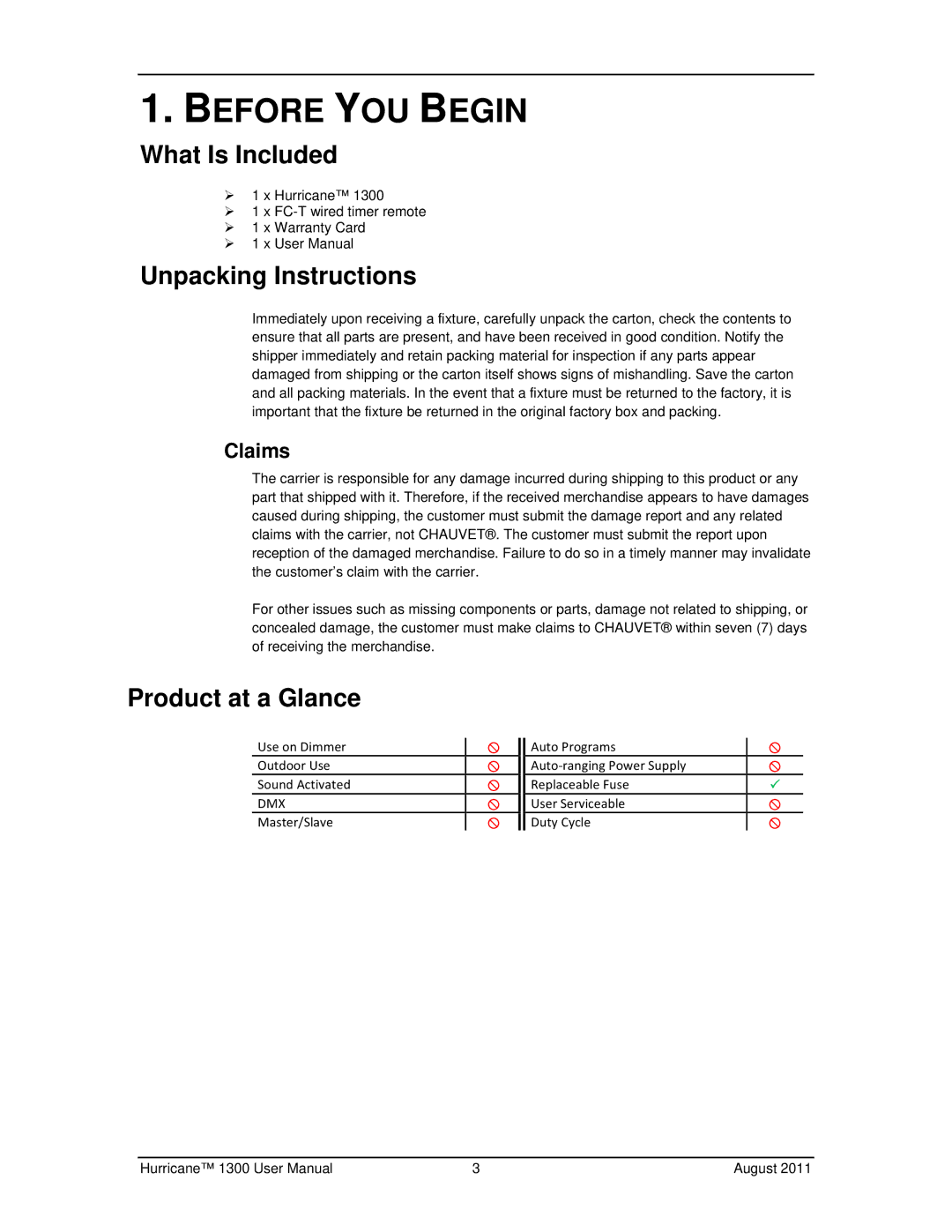 Chauvet 1300 user manual Before YOU Begin, What Is Included, Unpacking Instructions, Product at a Glance 