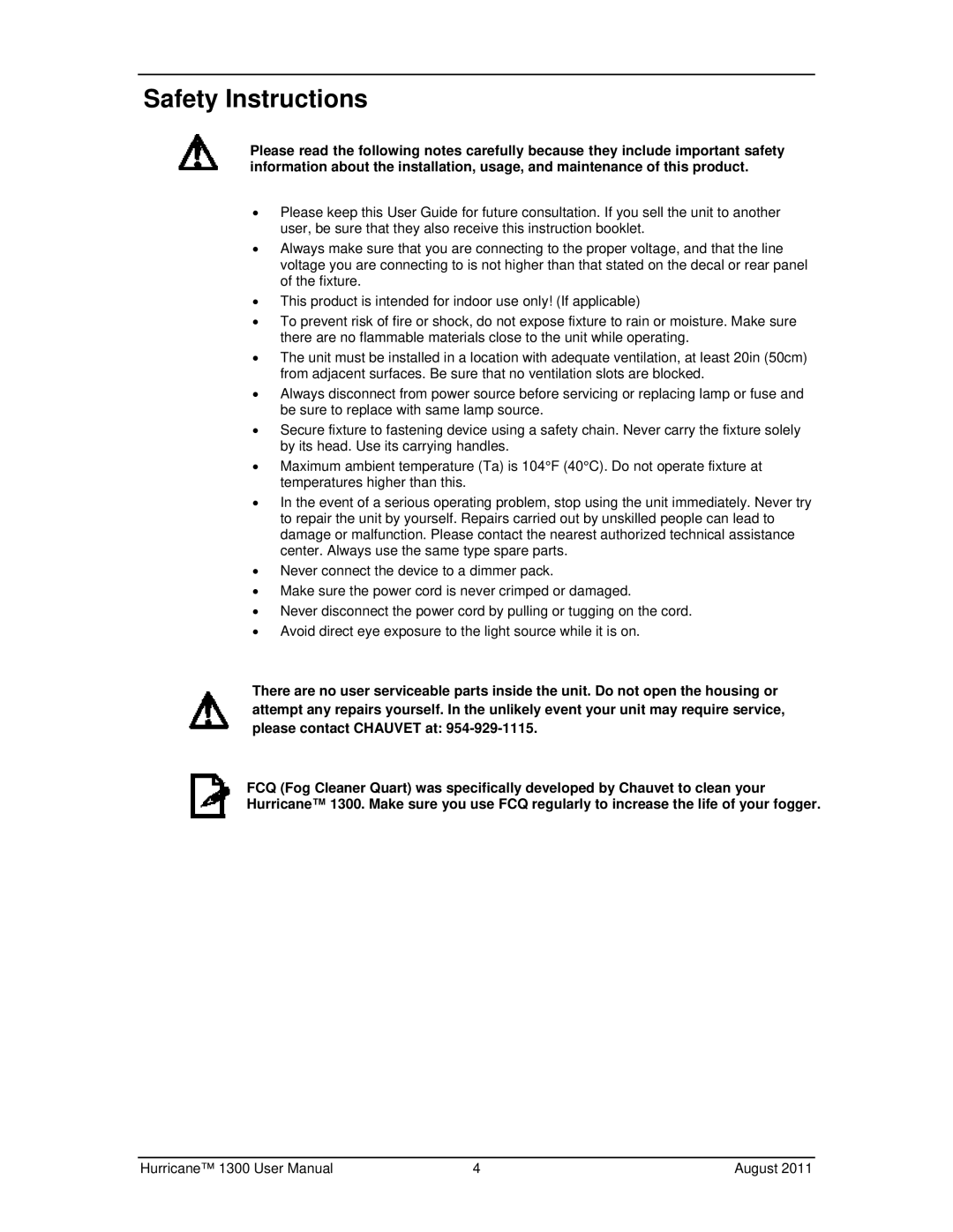 Chauvet 1300 user manual Safety Instructions 