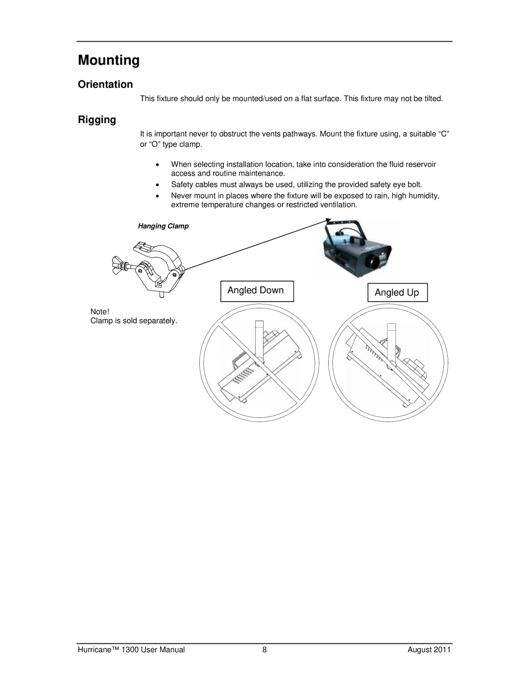 Chauvet 1300 user manual Mounting, Orientation 