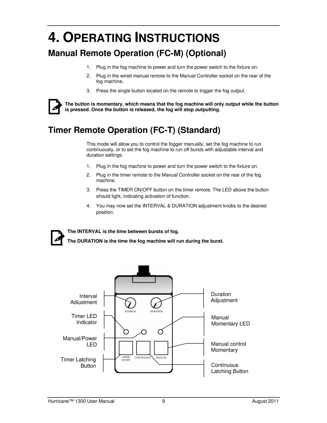 Chauvet 1300 Operating Instructions, Manual Remote Operation FC-M Optional, Timer Remote Operation FC-T Standard 