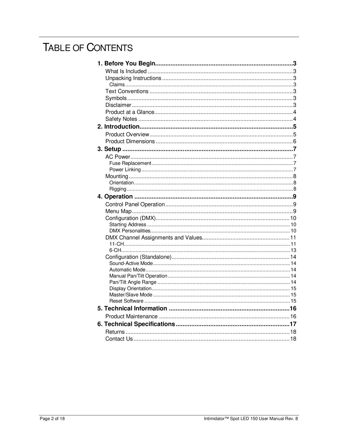 Chauvet 150 user manual Table of Contents 