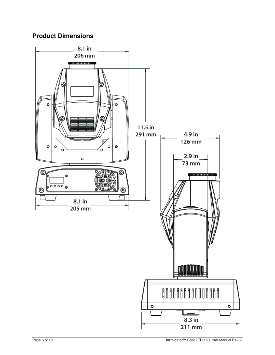 Chauvet 150 user manual Product Dimensions 