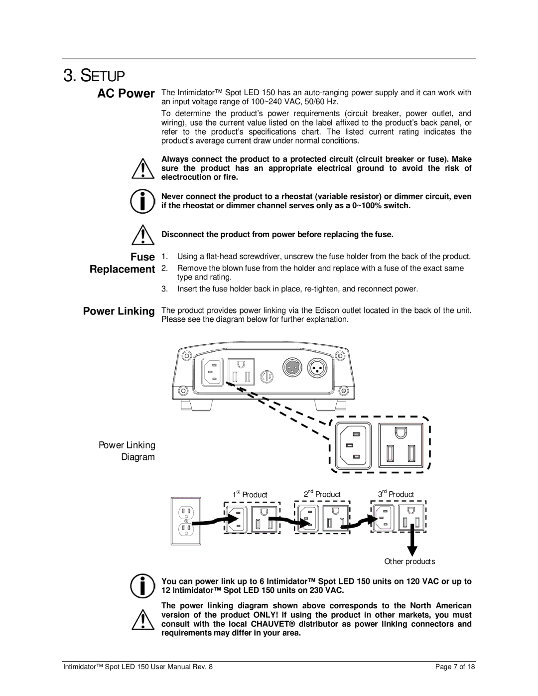 Chauvet 150 user manual Setup, AC Power, Fuse Replacement Power Linking 