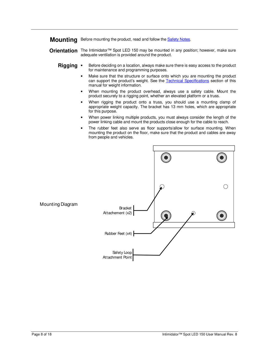 Chauvet 150 user manual Orientation, Rigging 