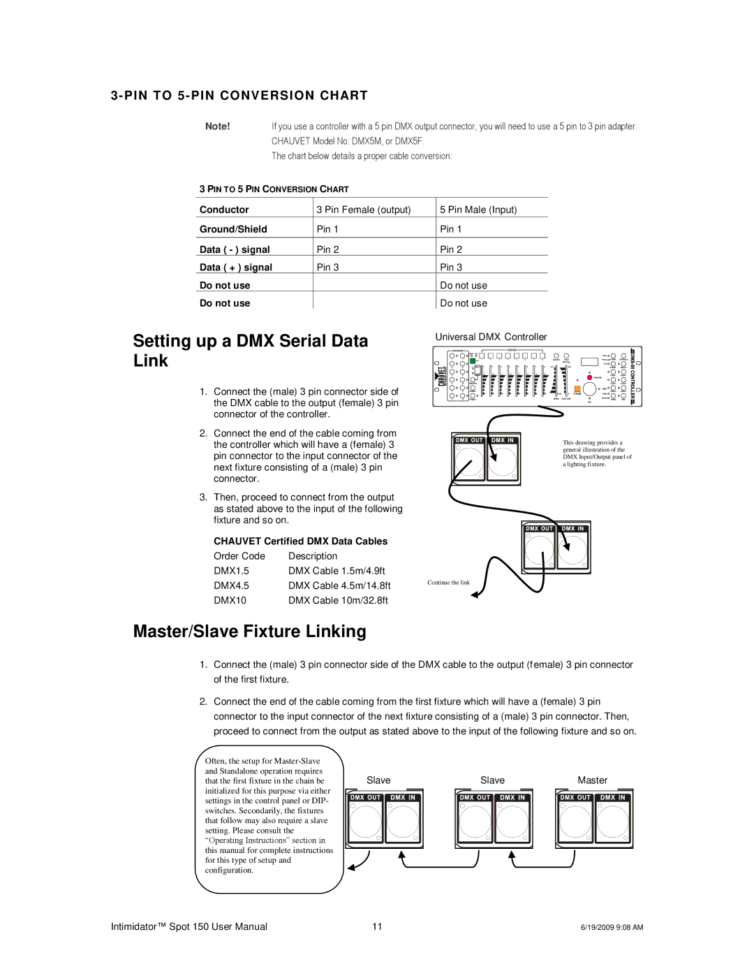 Chauvet 150 user manual Setting up a DMX Serial Data Link, Master/Slave Fixture Linking, PIN to 5- PIN Conversion Chart 