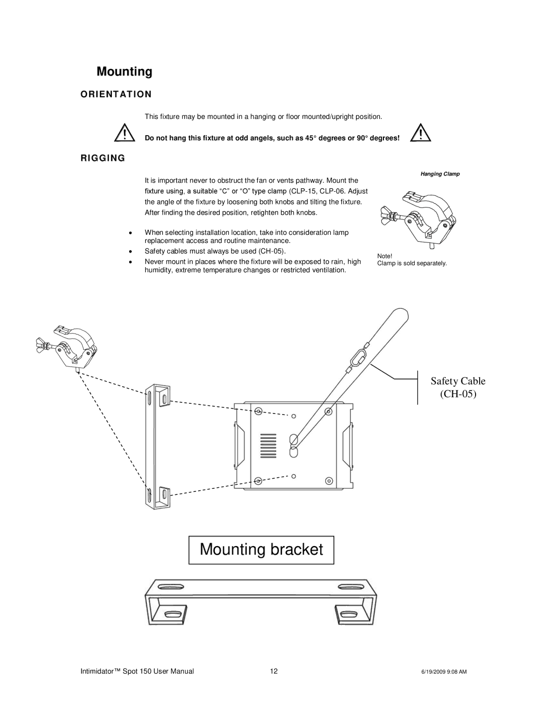 Chauvet 150 user manual Mounting, Ri Ent At I O N, Rigging 