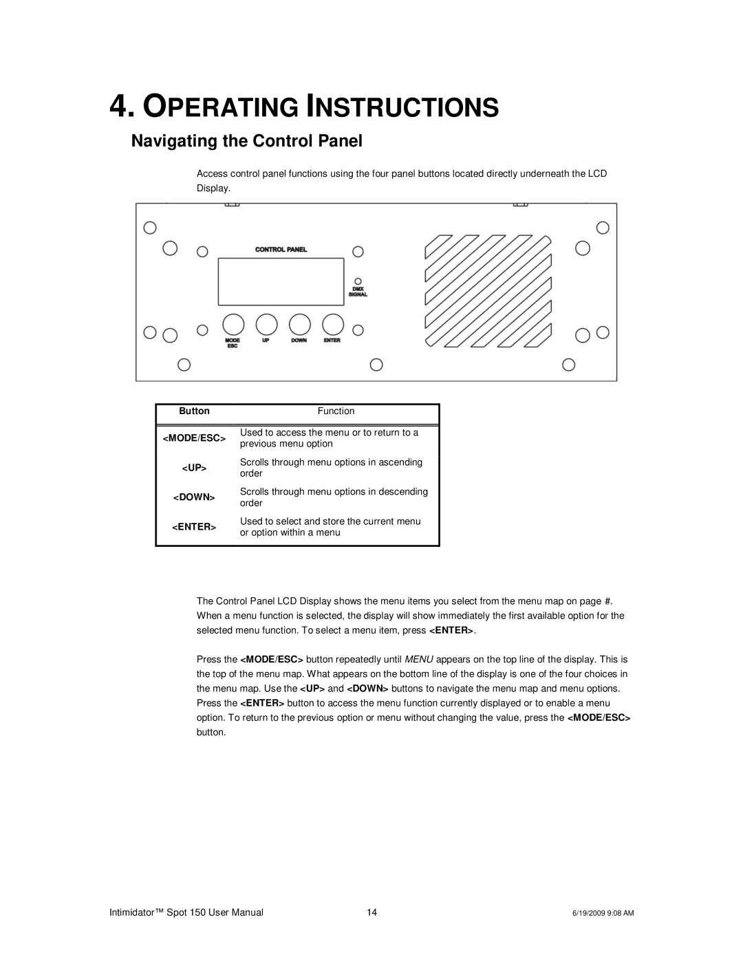 Chauvet 150 user manual Operating Instructions, Navigating the Control Panel 