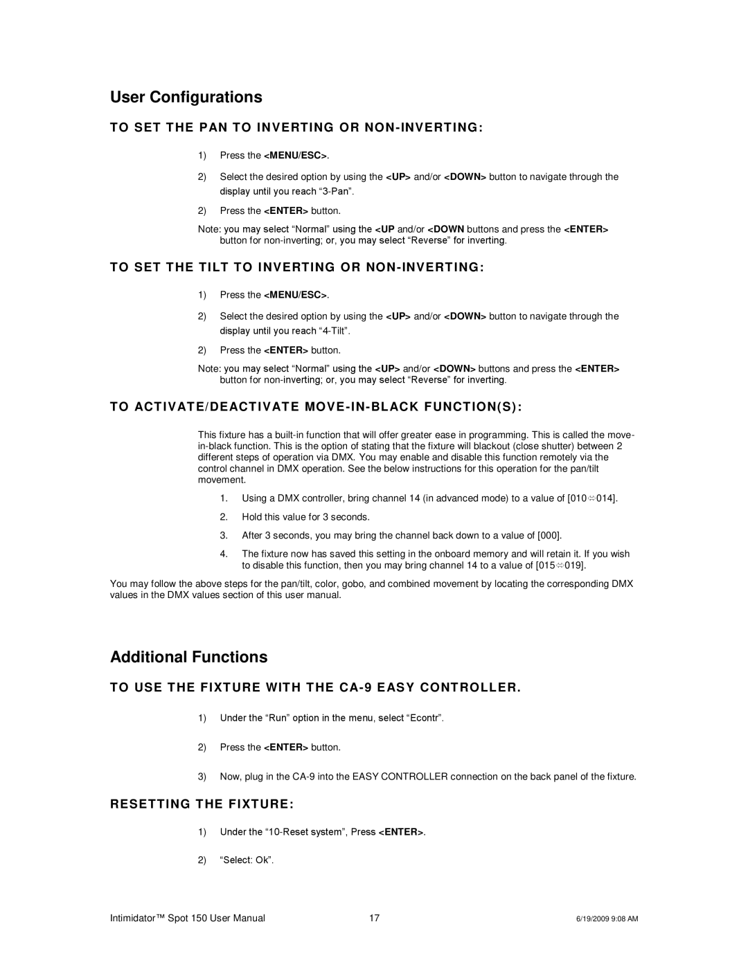 Chauvet 150 user manual User Configurations, Additional Functions 