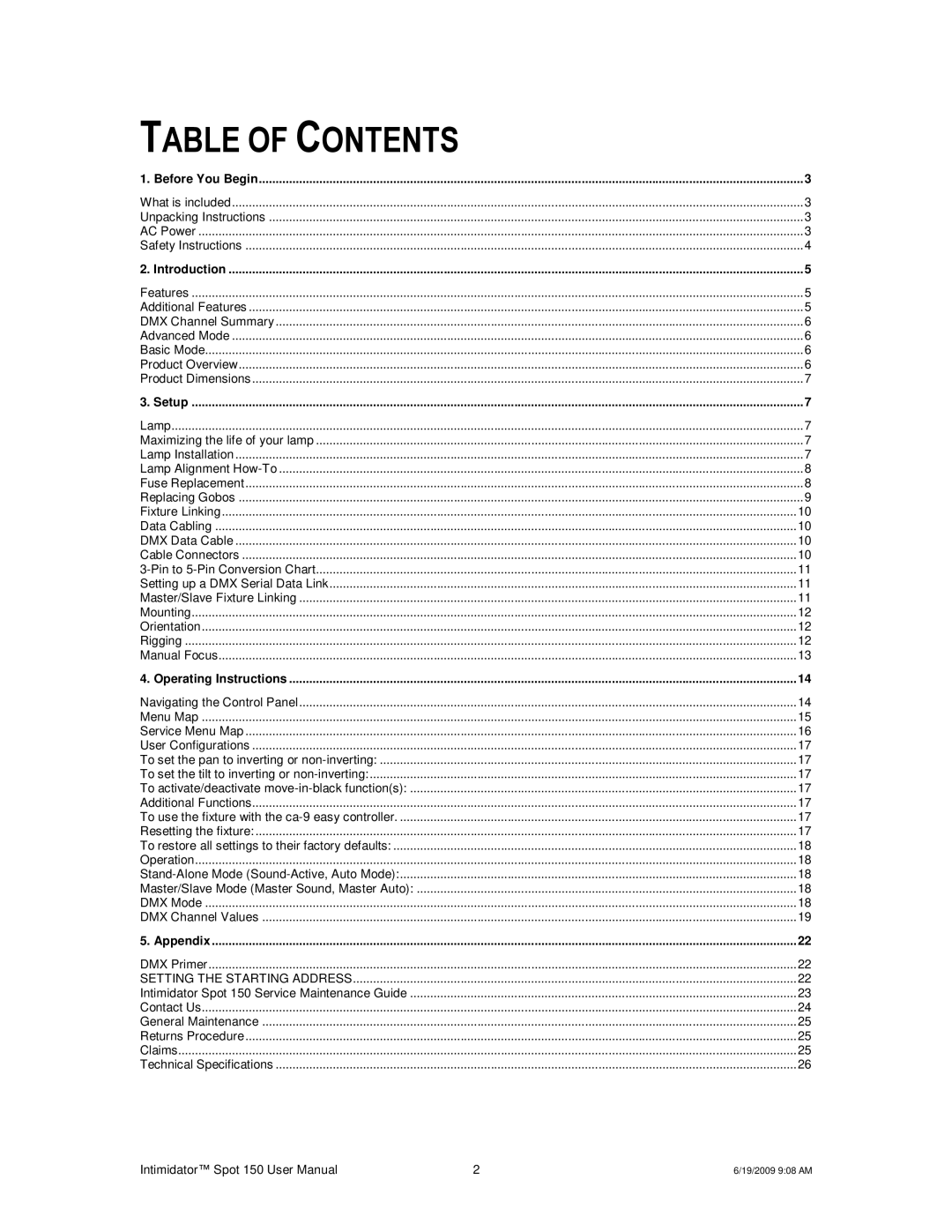 Chauvet 150 user manual Table of Contents 