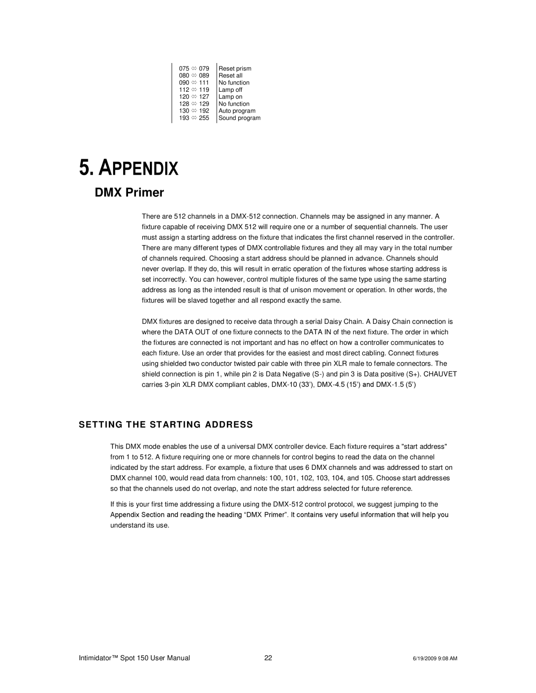 Chauvet 150 user manual Appendix, DMX Primer, Setting T HE ST Arting Address 