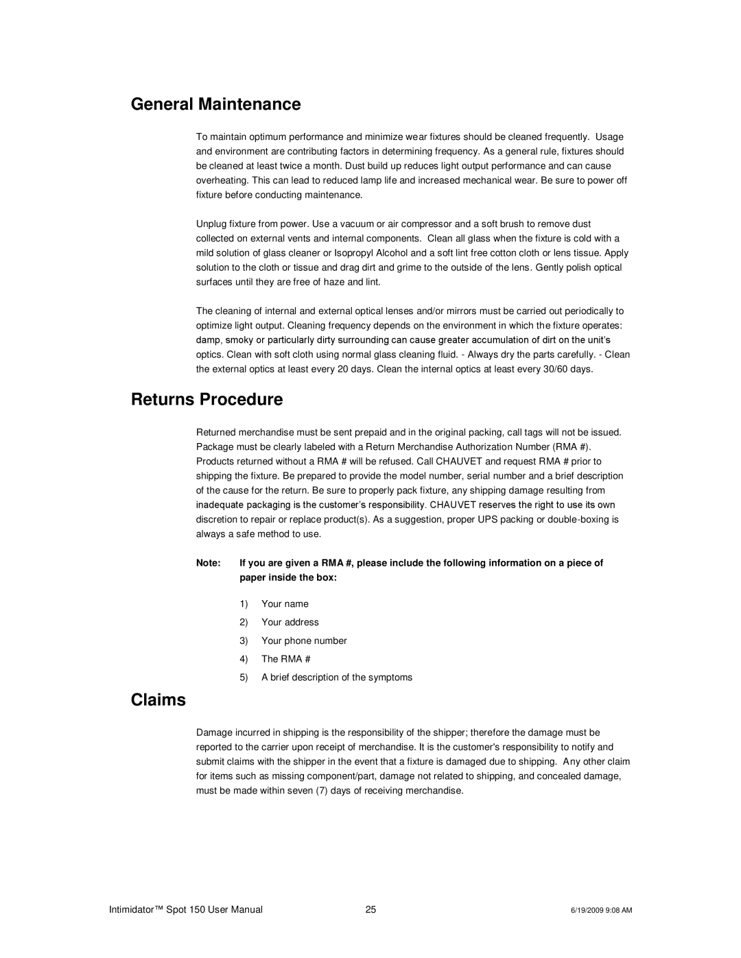 Chauvet 150 user manual General Maintenance, Returns Procedure, Claims 