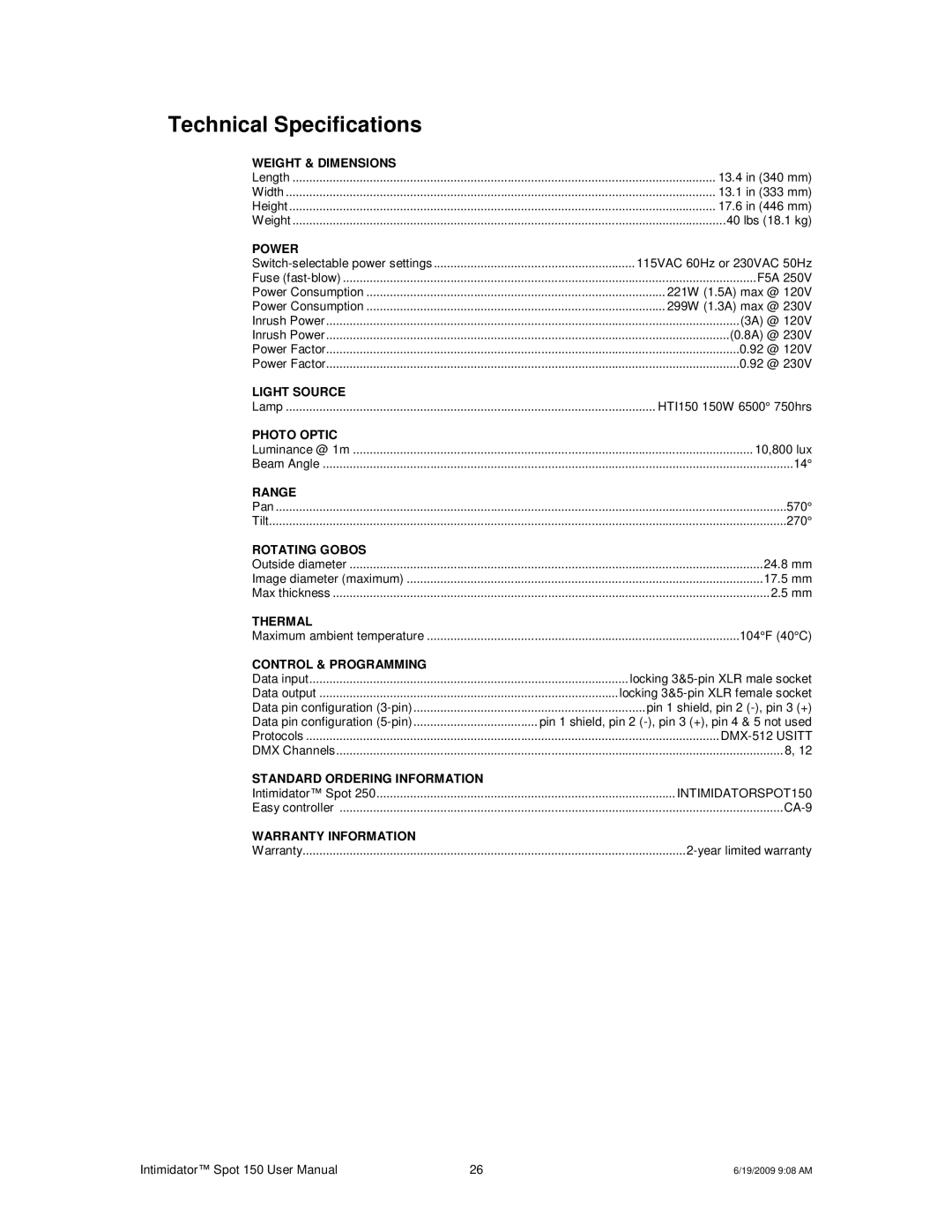 Chauvet 150 user manual Technical Specifications, Power 