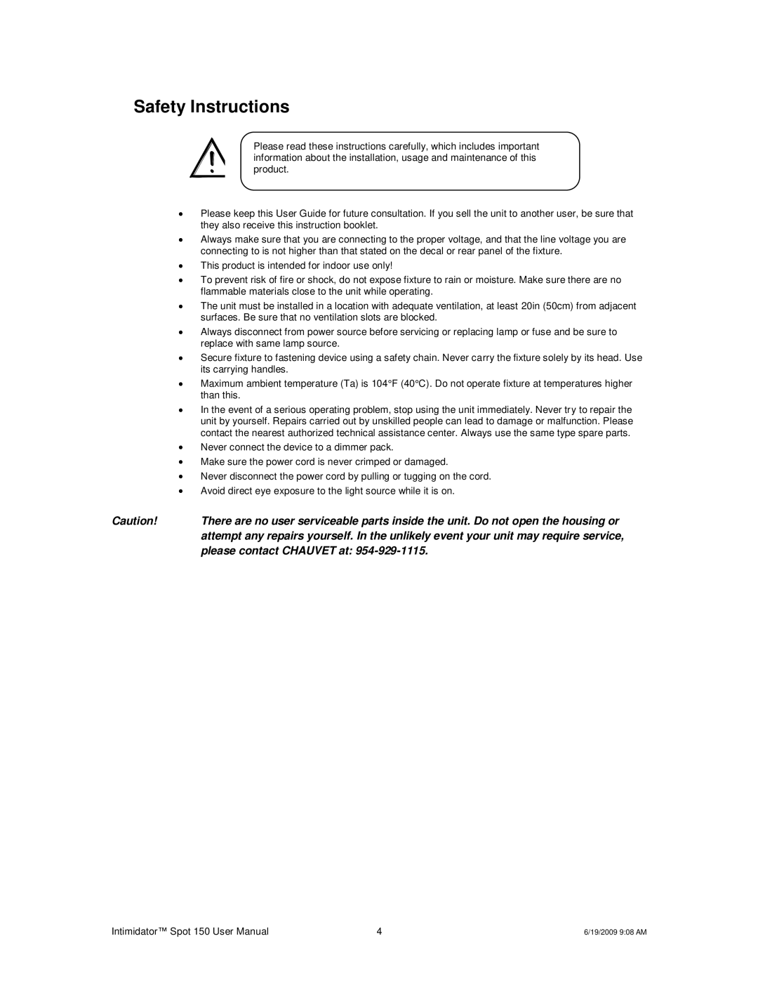 Chauvet 150 user manual Safety Instructions 