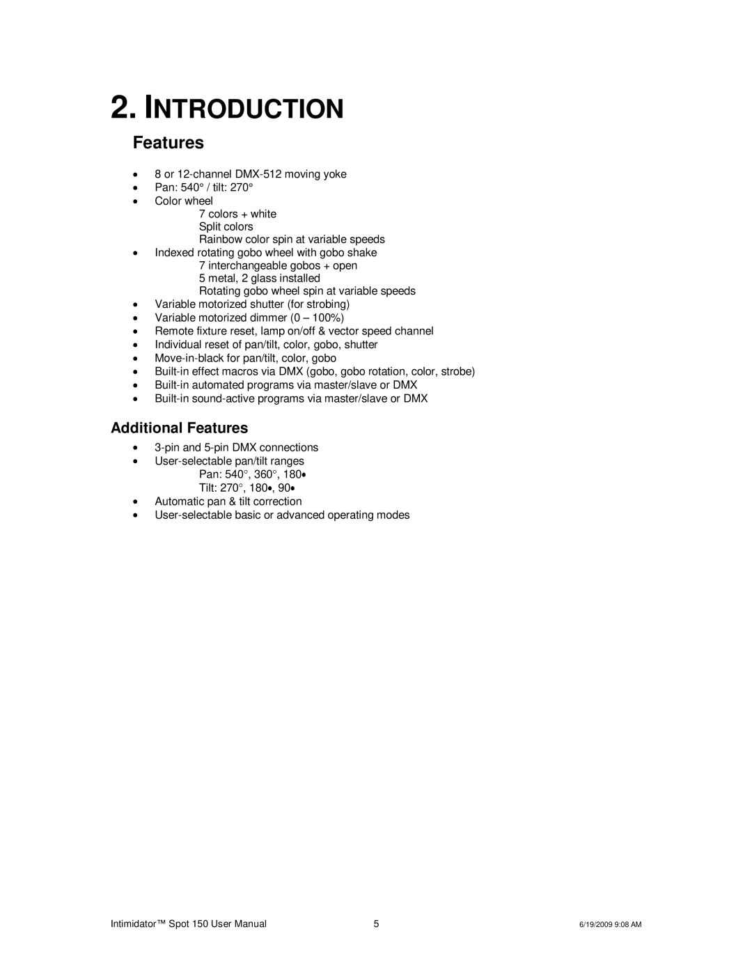 Chauvet 150 user manual Introduction, Features 