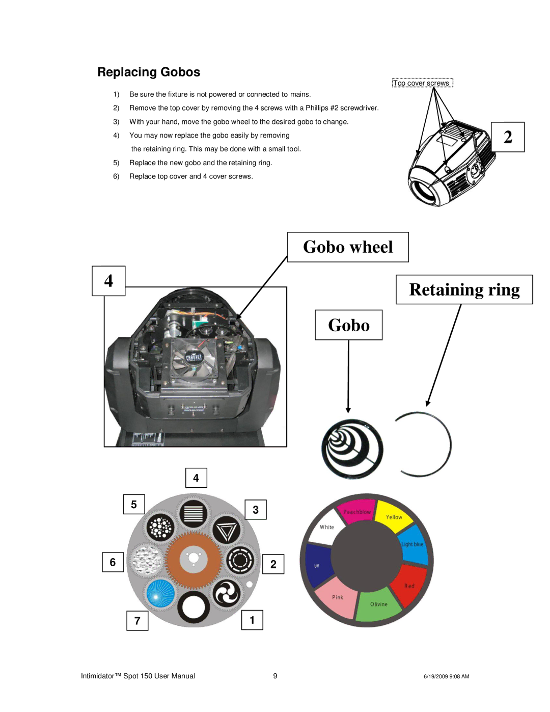 Chauvet 150 user manual Gobo wheel Retaining ring, Replacing Gobos 