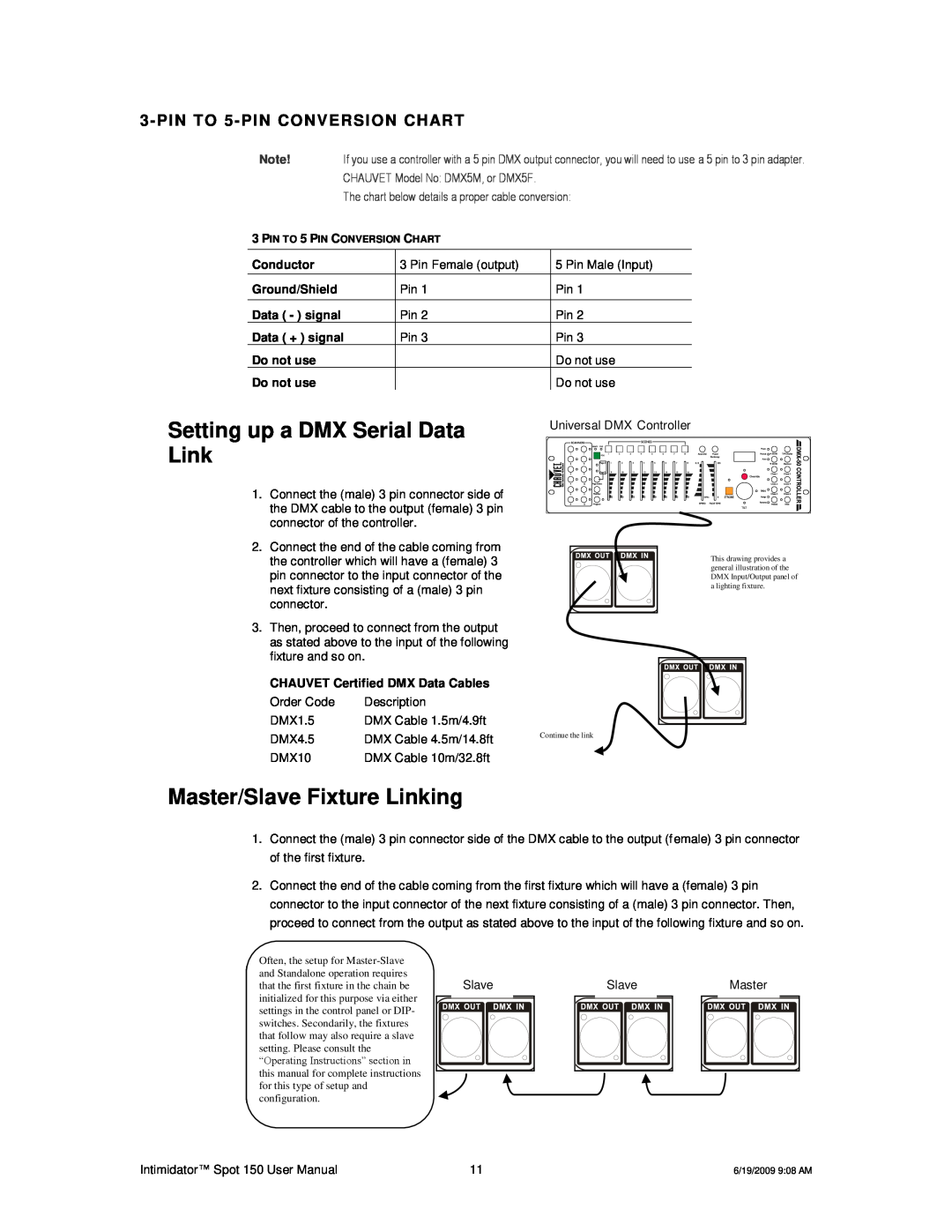 Chauvet 150 user manual Setting up a DMX Serial Data Link, Master/Slave Fixture Linking, PIN TO 5- PIN CONVERSION CHART 