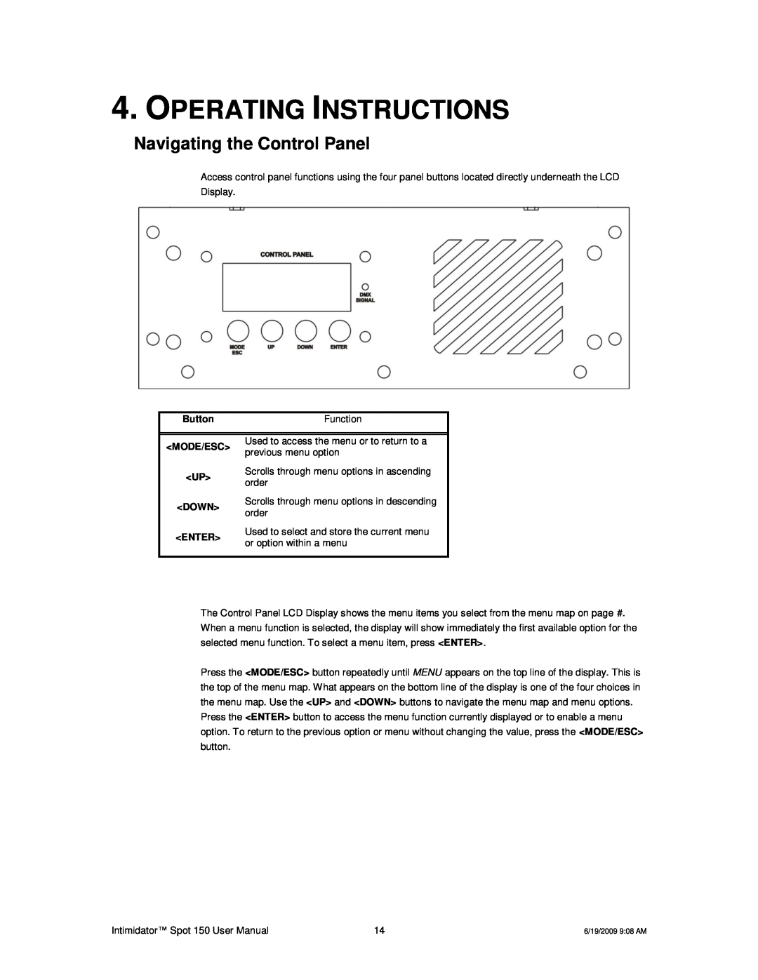 Chauvet 150 user manual Operating Instructions, Navigating the Control Panel 