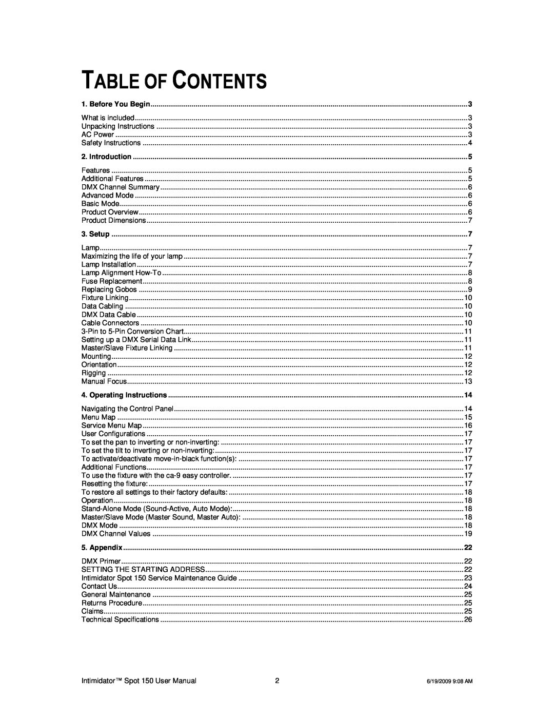 Chauvet 150 user manual Table Of Contents 