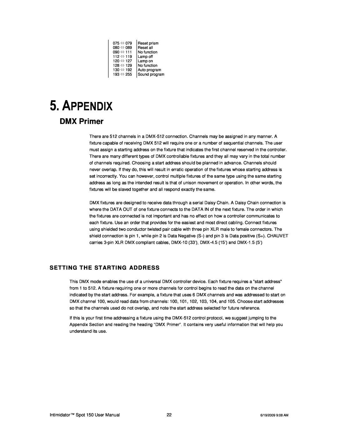 Chauvet 150 user manual Appendix, DMX Primer, Setting T He St Arting Address 