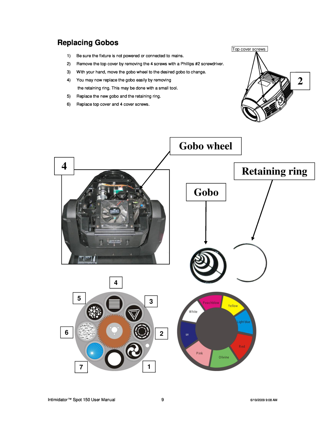 Chauvet 150 user manual Replacing Gobos, Gobo wheel Retaining ring Gobo 