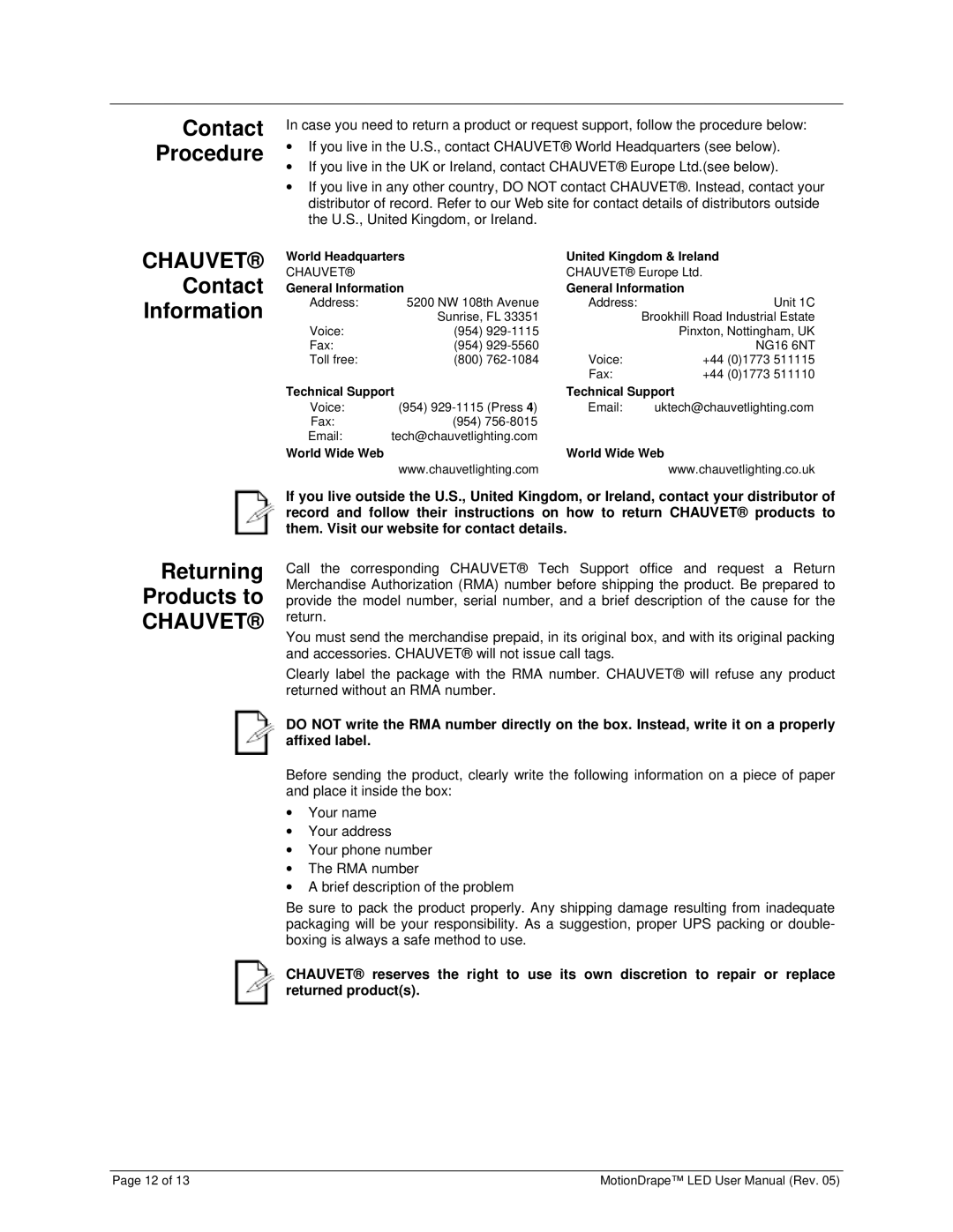 Chauvet 15090388 user manual Contact Information, Contact Procedure, Returning Products to 