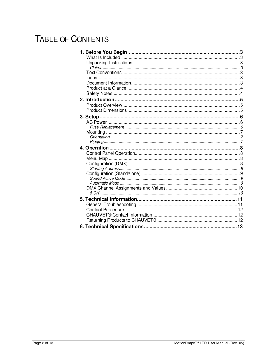 Chauvet 15090388 user manual Table of Contents 