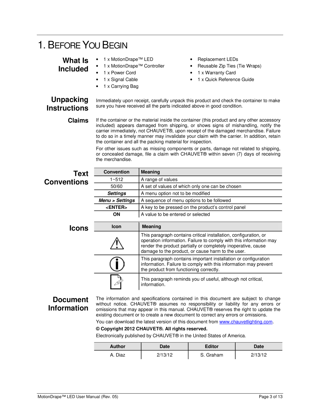 Chauvet 15090388 user manual Before YOU Begin, What Is Included, Icons 