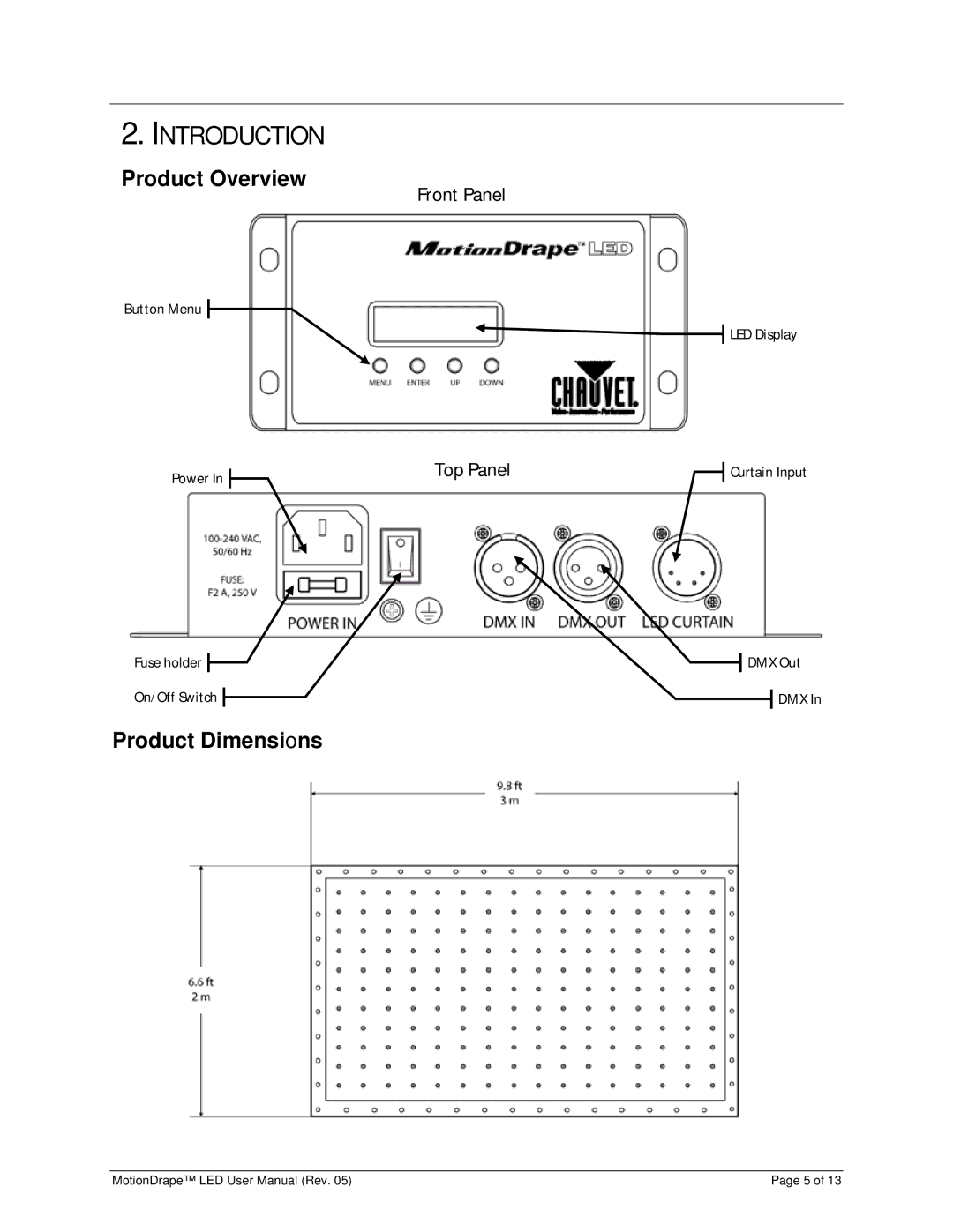 Chauvet 15090388 user manual Introduction, Product Overview, Product Dimensions 