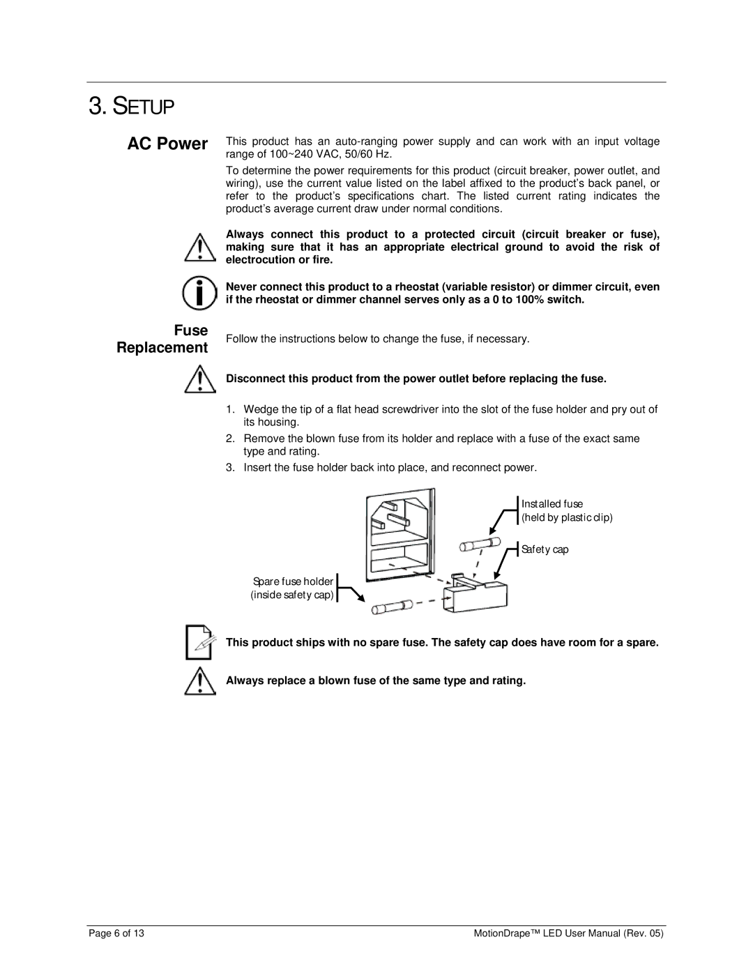 Chauvet 15090388 user manual Setup, AC Power, Fuse Replacement 