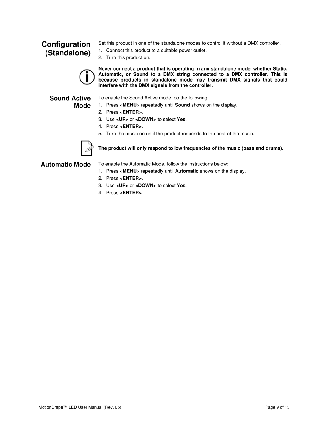 Chauvet 15090388 user manual Configuration Standalone, Sound Active Mode Automatic Mode 