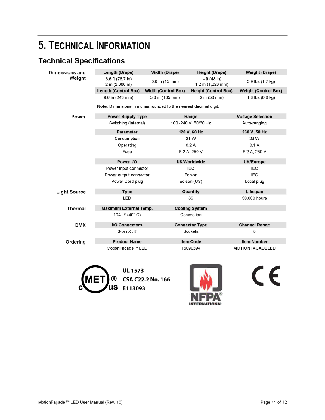 Chauvet 15090394 user manual Technical Information, Technical Specifications 