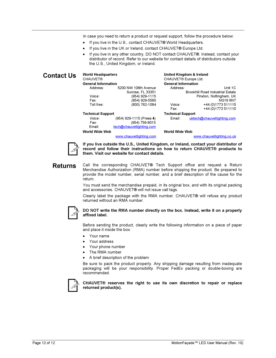 Chauvet 15090394 user manual Contact Us Returns, General Information 