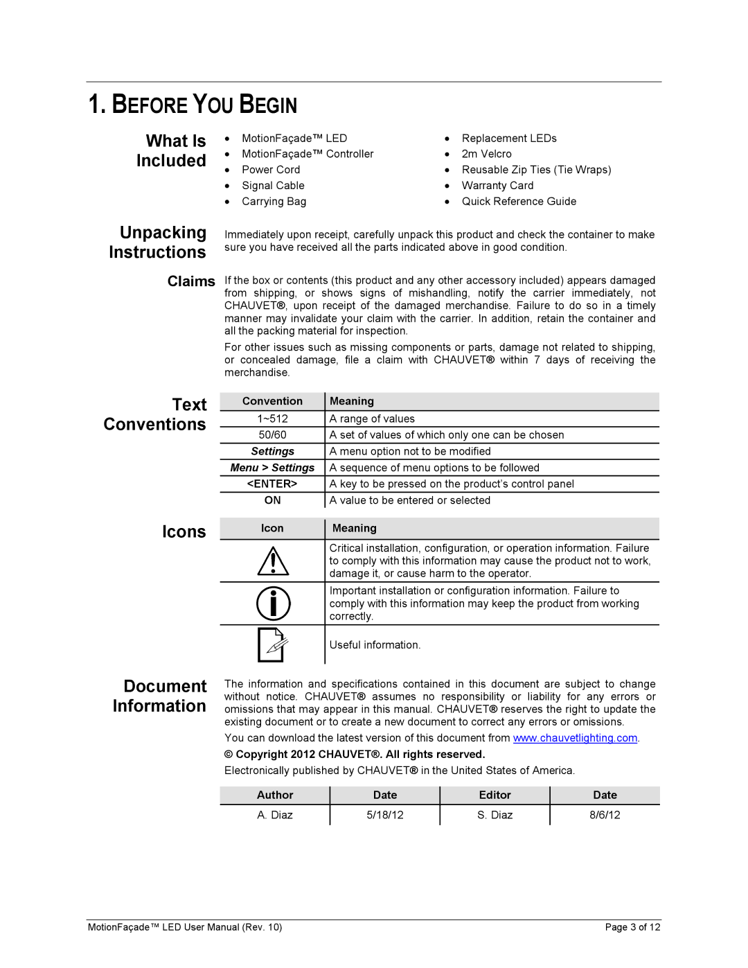 Chauvet 15090394 user manual Before YOU Begin, Icons 