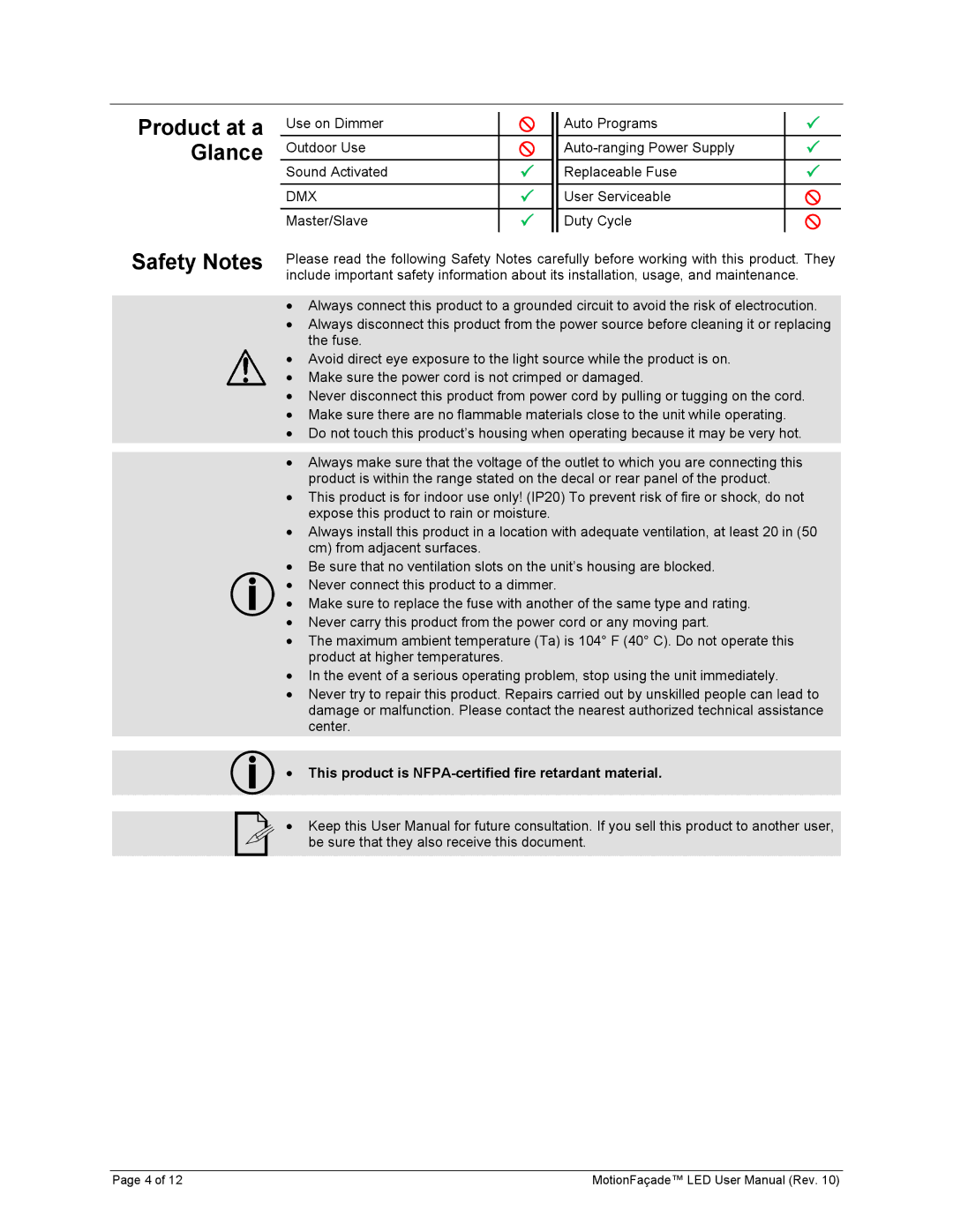 Chauvet 15090394 user manual Safety Notes, Product at a Glance, This product is NFPA-certified fire retardant material 