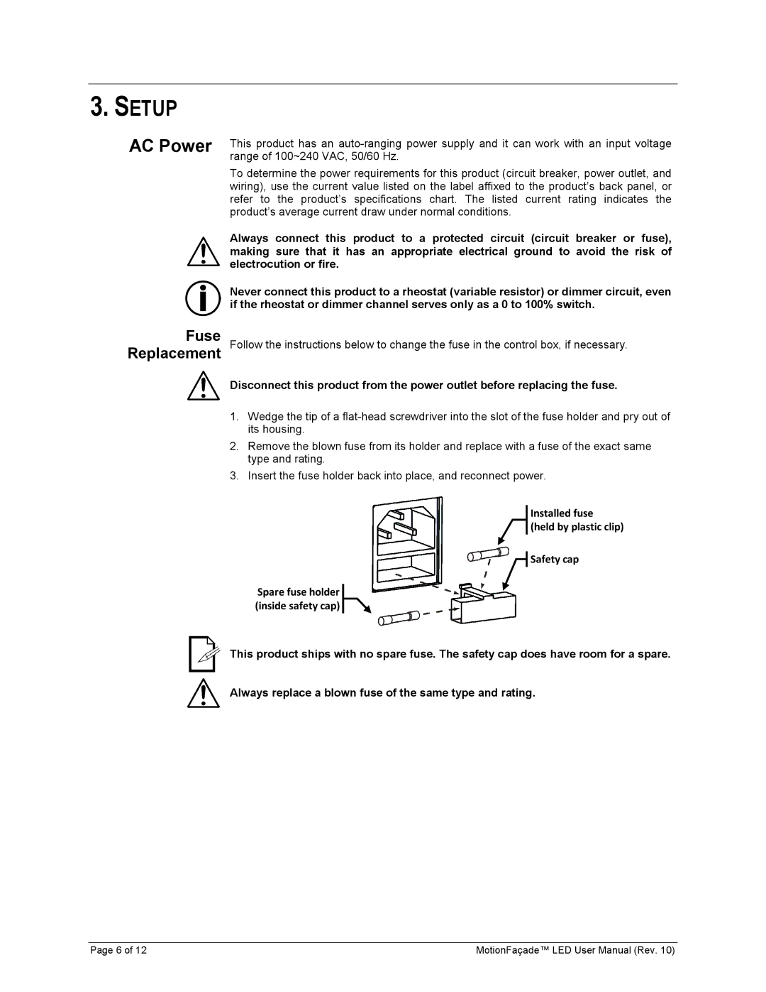 Chauvet 15090394 user manual AC Power, Fuse Replacement 