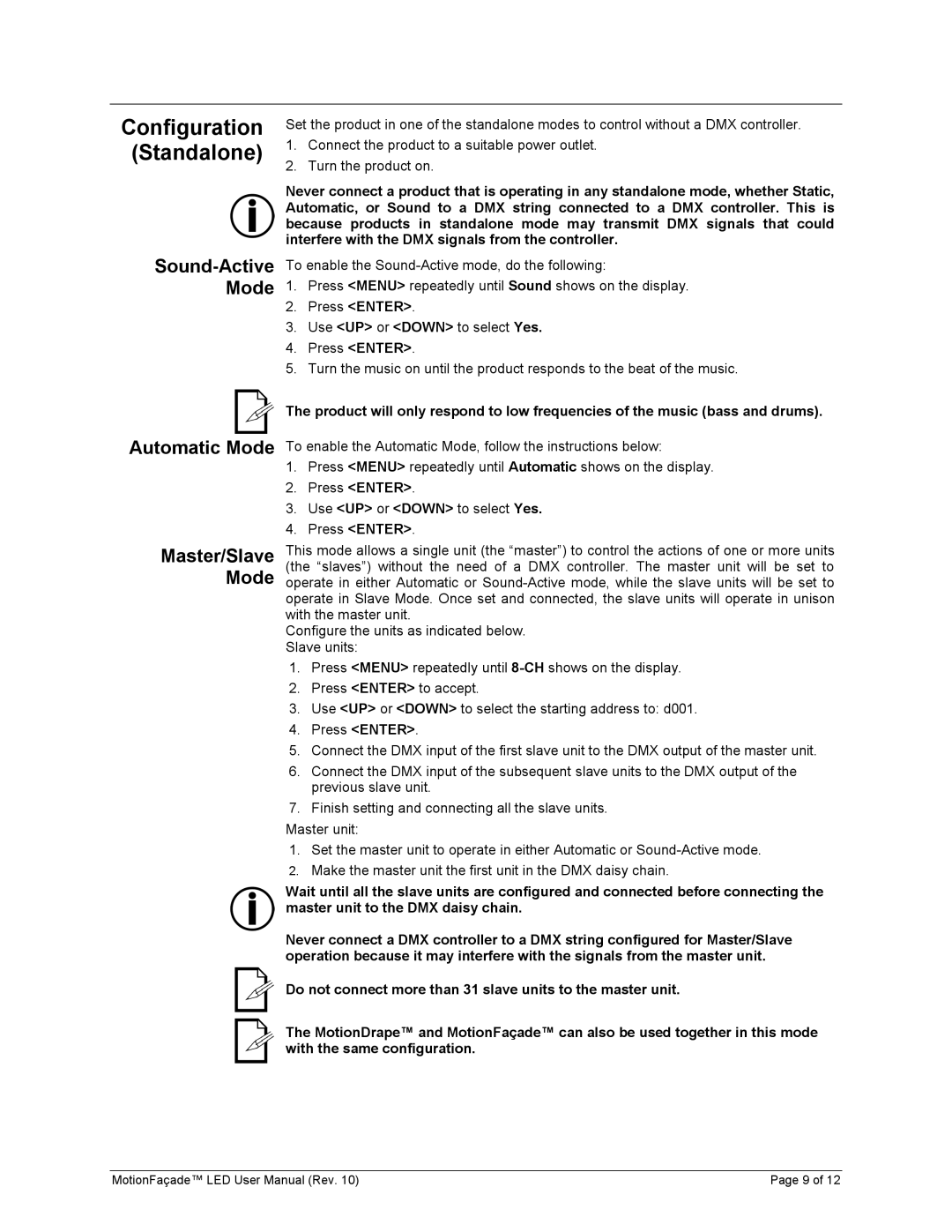 Chauvet 15090394 user manual Configuration Standalone, Sound-Active Mode Automatic Mode Master/Slave 