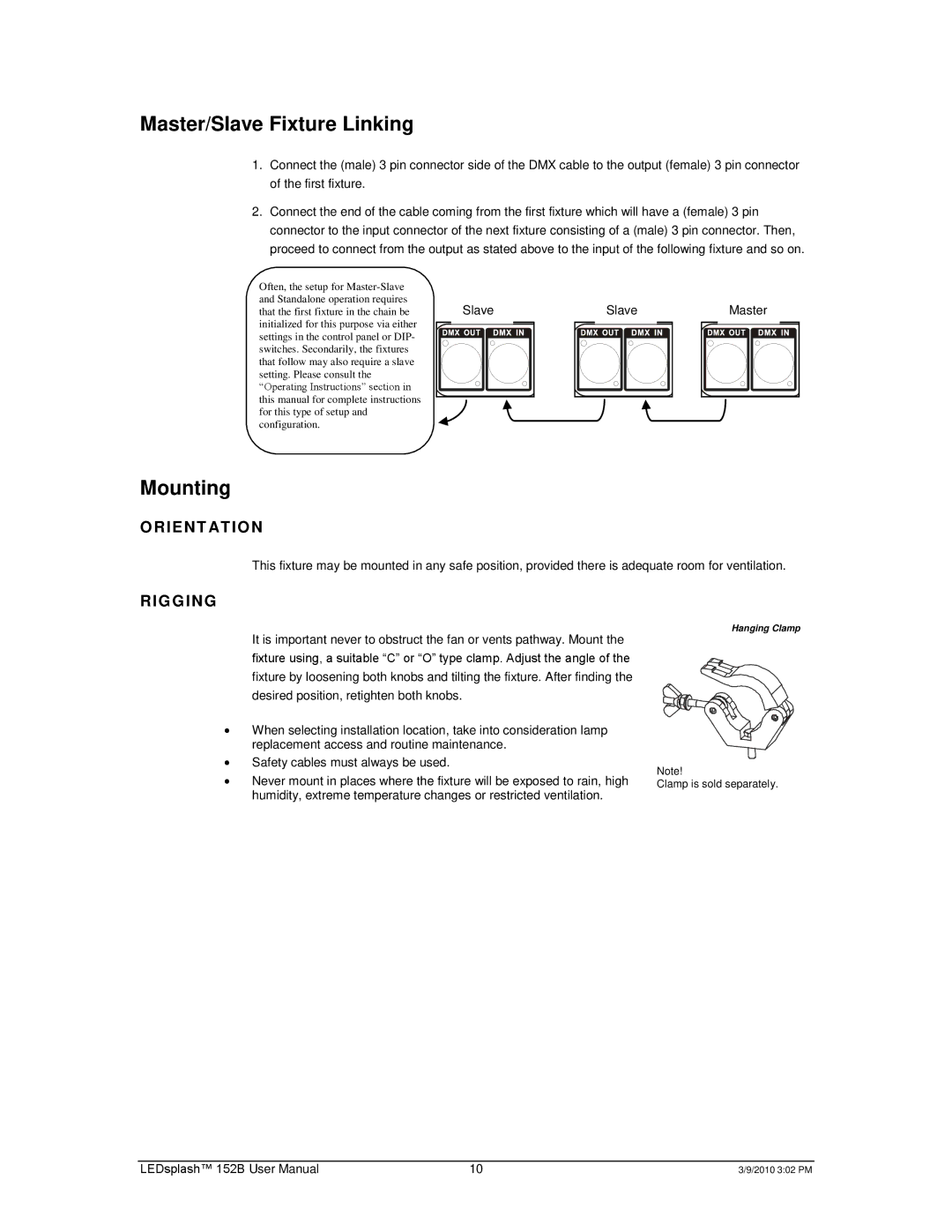 Chauvet 152B user manual Master/Slave Fixture Linking, Mounting, I E N T At Io N, Rigging 