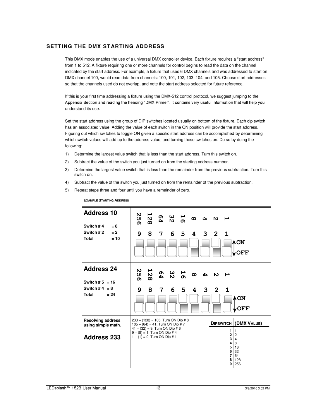 Chauvet 152B user manual Off, Setting the DMX ST Arting Address 