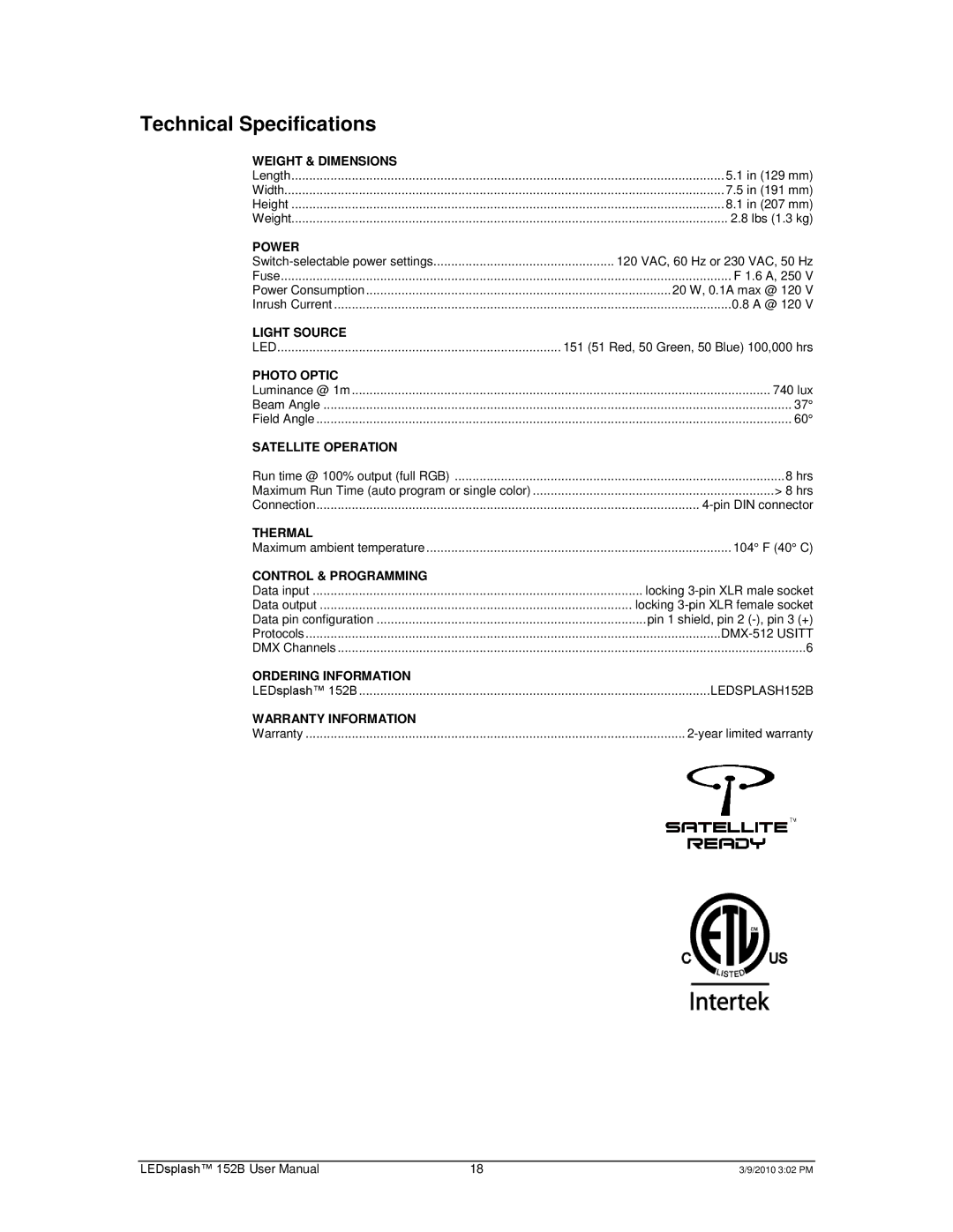 Chauvet 152B user manual Technical Specifications, Power 