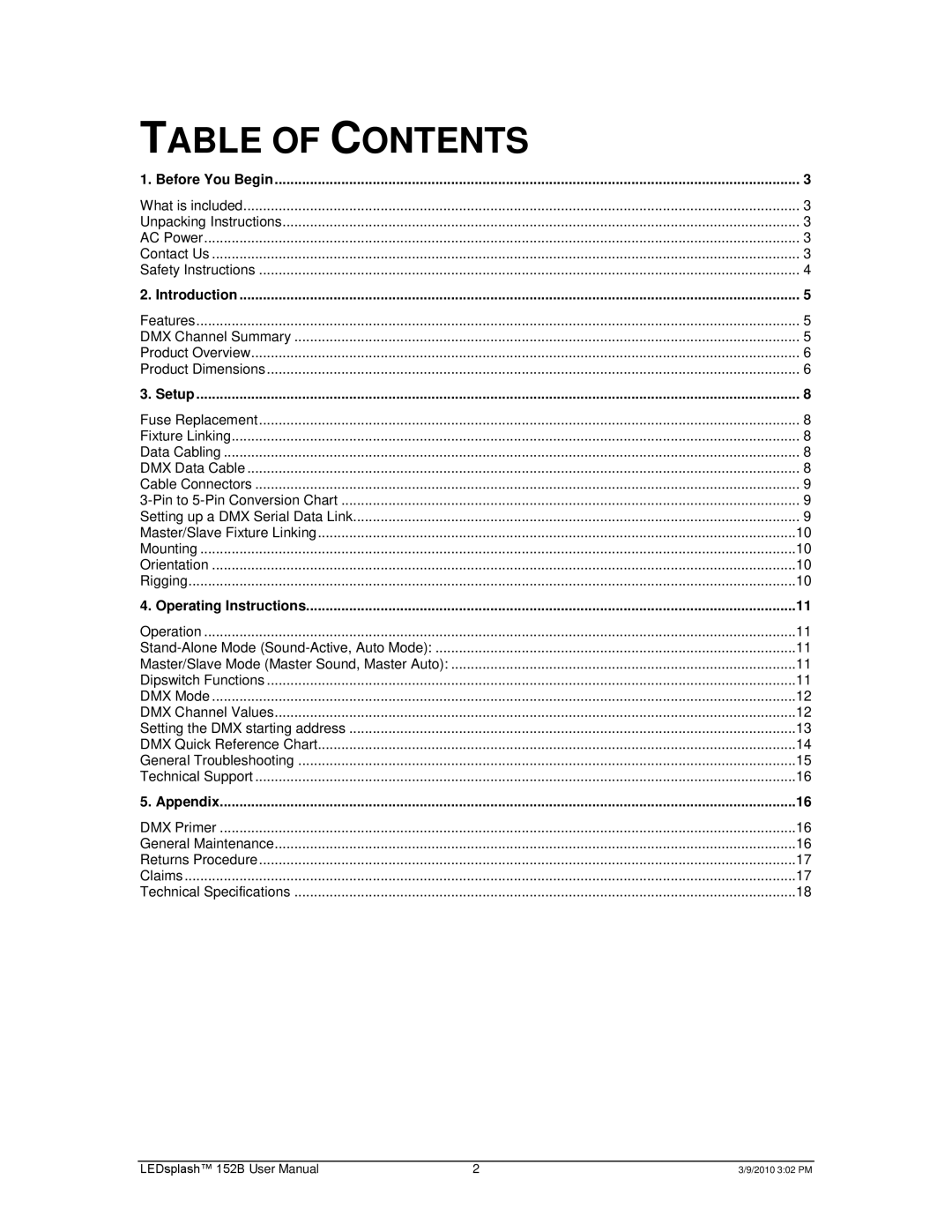 Chauvet 152B user manual Table of Contents 