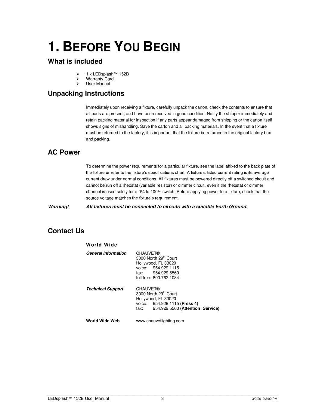 Chauvet 152B user manual Before YOU Begin, What is included, Unpacking Instructions, AC Power, Contact Us 