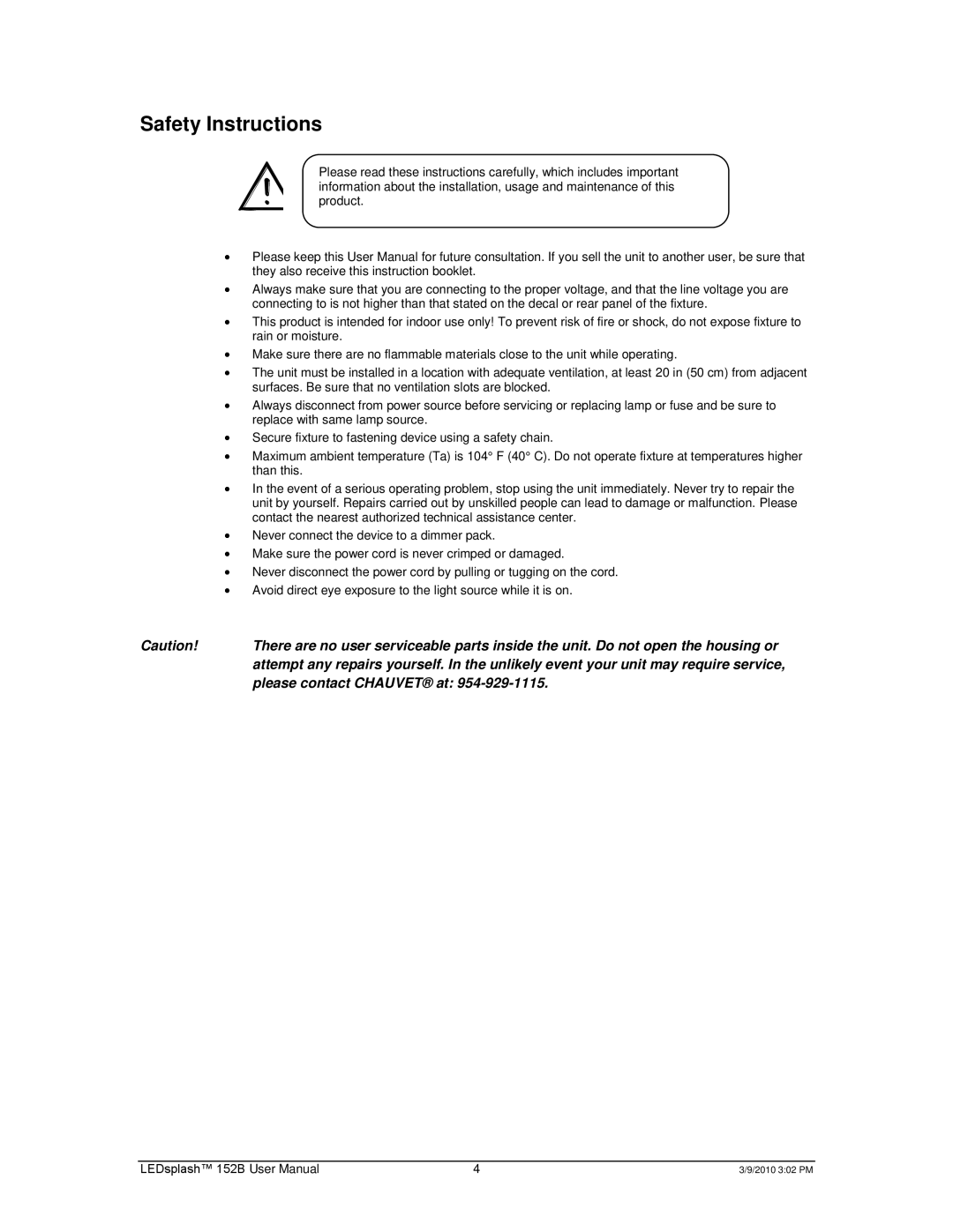 Chauvet 152B user manual Safety Instructions 