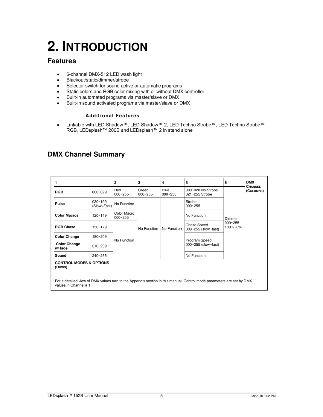 Chauvet 152B user manual Introduction, Features, DMX Channel Summary 