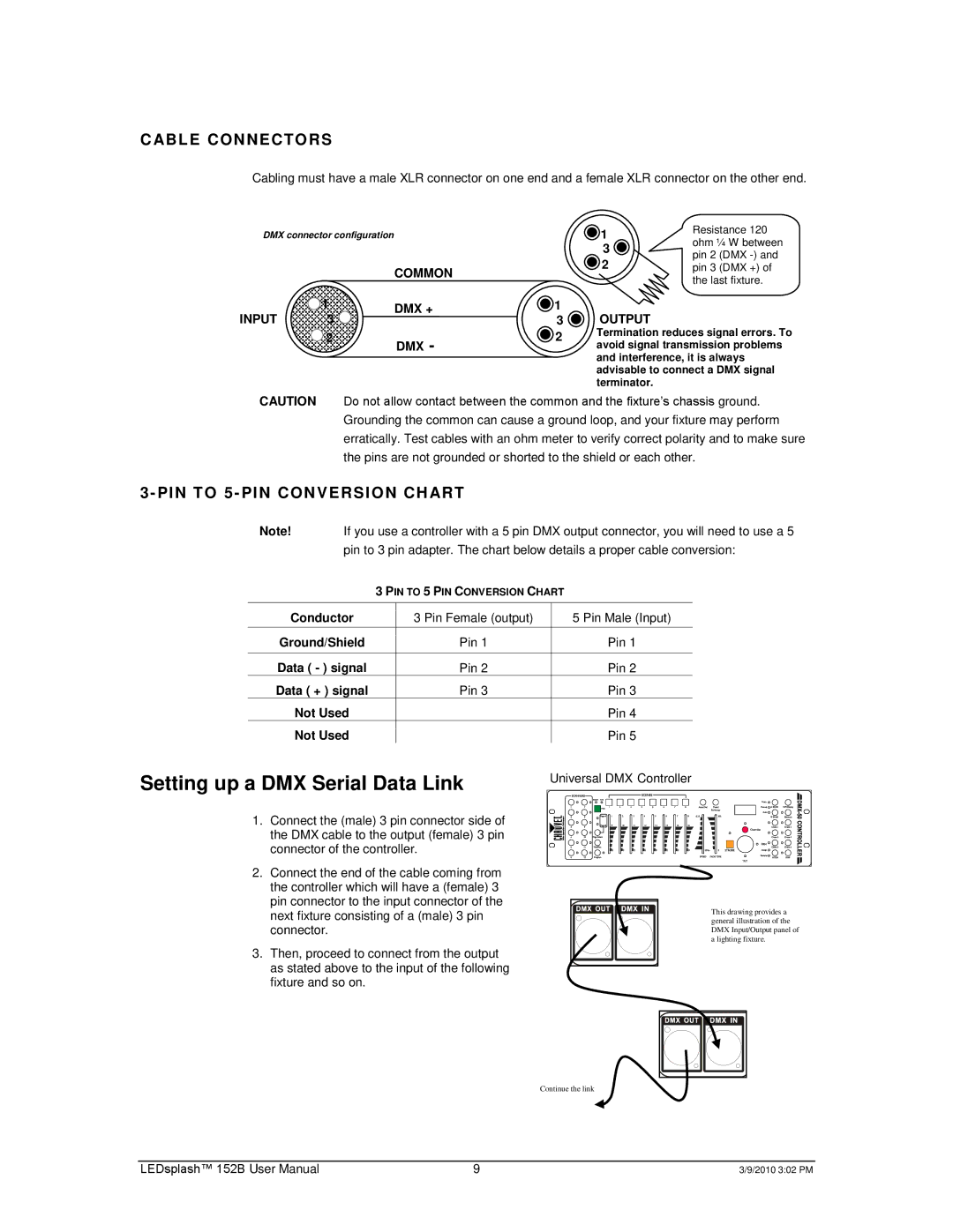 Chauvet 152B user manual Setting up a DMX Serial Data Link, Able Connectors, PIN to 5 PIN Conversion CH ART 