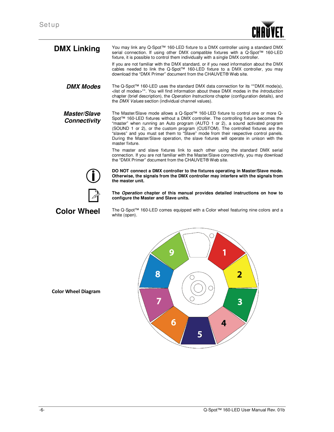 Chauvet 160-LED user manual DMX Linking, Color Wheel, DMX Modes Master/Slave Connectivity 