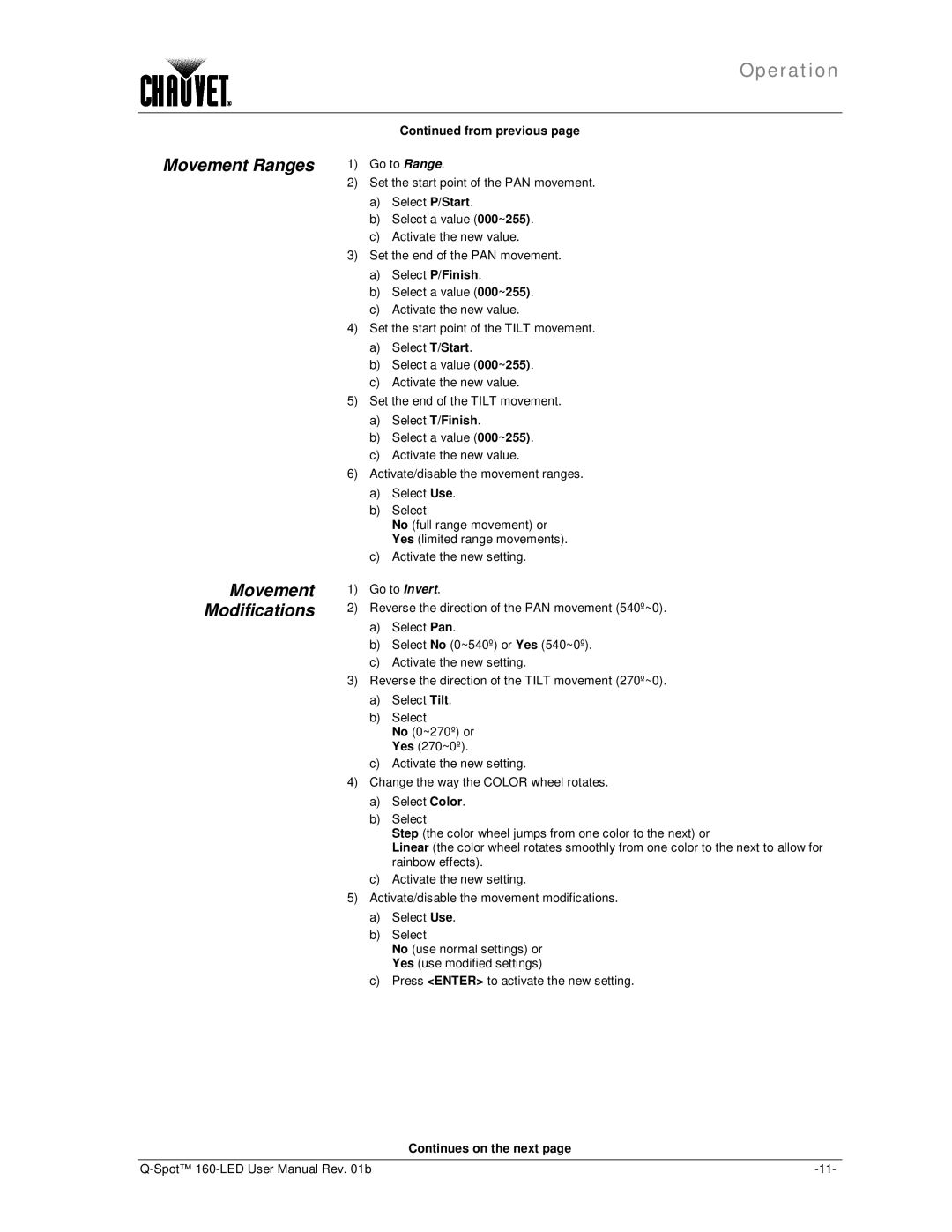 Chauvet 160-LED user manual Movement Ranges Modifications 