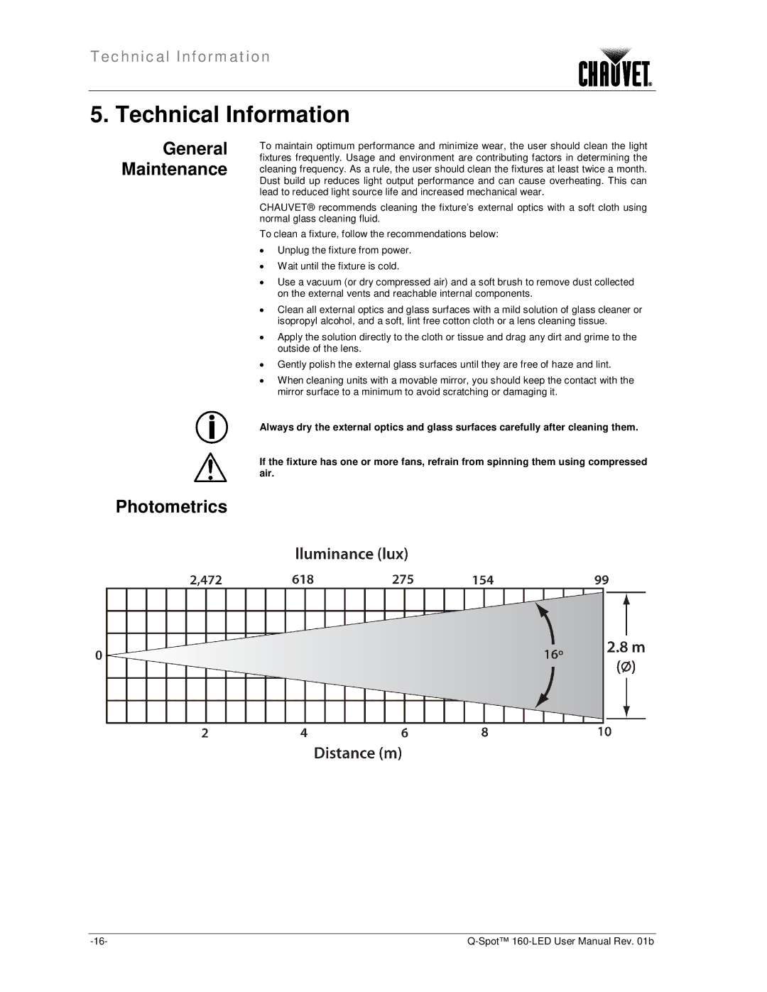 Chauvet 160-LED user manual Technical Information, Photometrics, General Maintenance 