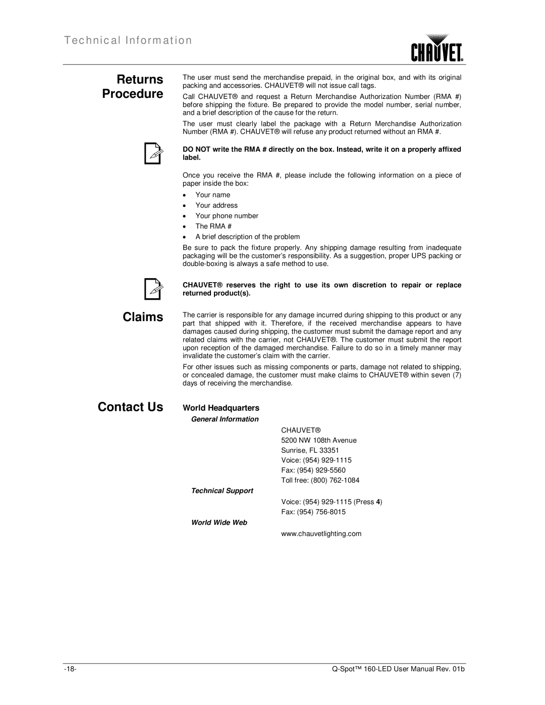 Chauvet 160-LED user manual Claims, Returns Procedure, General Information, Technical Support, World Wide Web 