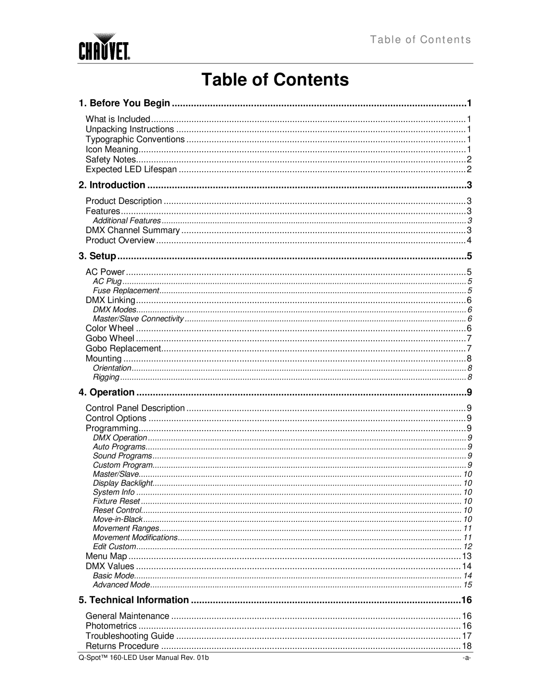 Chauvet 160-LED user manual Table of Contents 